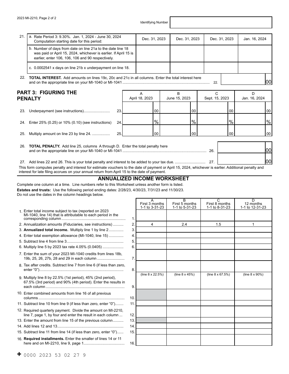 Form MI-2210 Michigan Underpayment of Estimated Income Tax - Michigan, Page 2