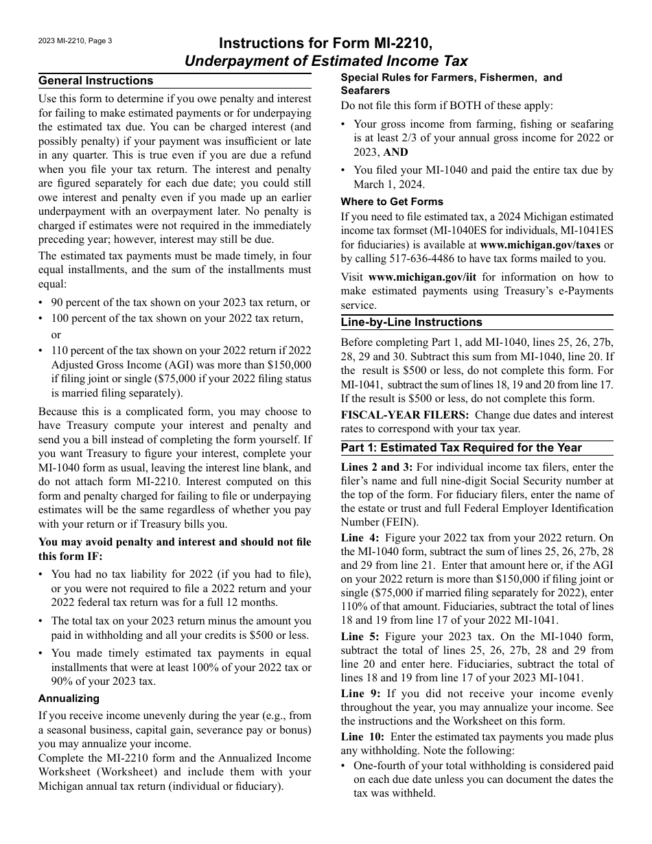 Form MI-2210 Michigan Underpayment of Estimated Income Tax - Michigan, Page 3