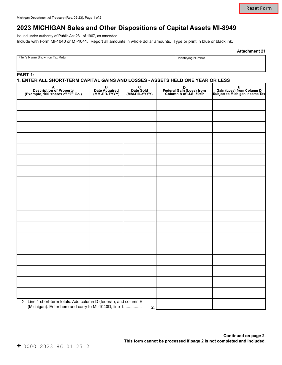 Form MI-8949 Michigan Sales and Other Dispositions of Capital Assets - Michigan, Page 1