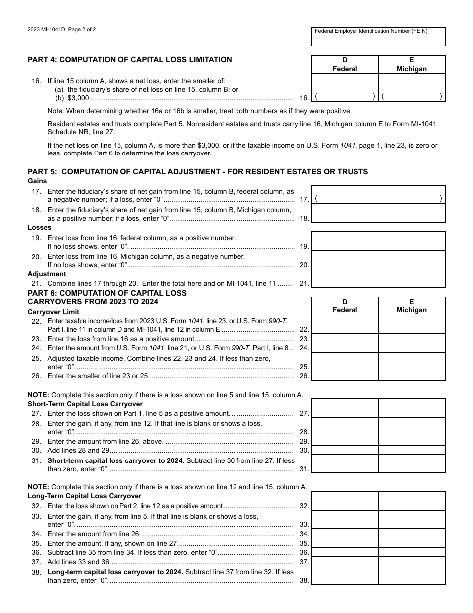 Form MI-1041D Michigan Adjustments of Capital Gains and Losses - Michigan, Page 2