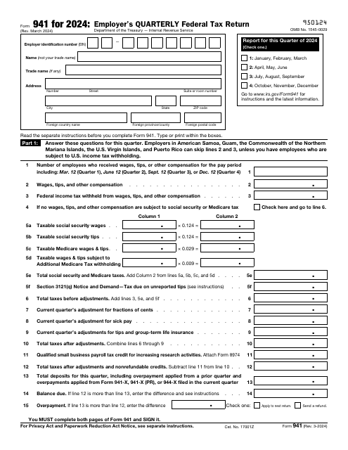 IRS Form 941 Employer's Quarterly Federal Tax Return, 2024