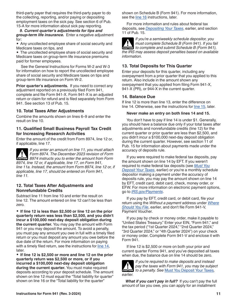 Instructions for IRS Form 941 Employers Quarterly Federal Tax Return, Page 11