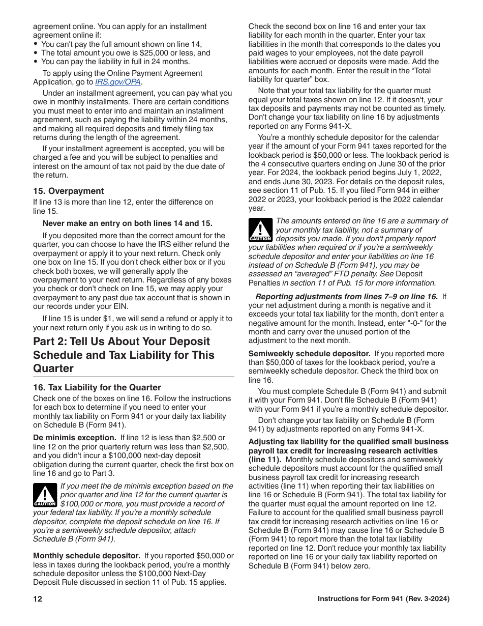 Instructions for IRS Form 941 Employers Quarterly Federal Tax Return, Page 12