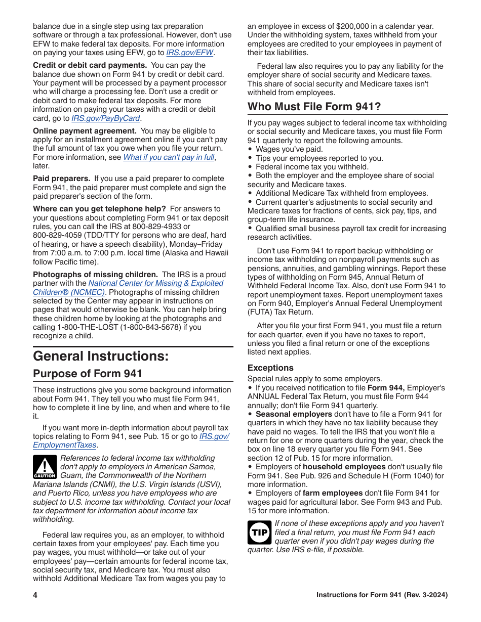 Instructions for IRS Form 941 Employers Quarterly Federal Tax Return, Page 4