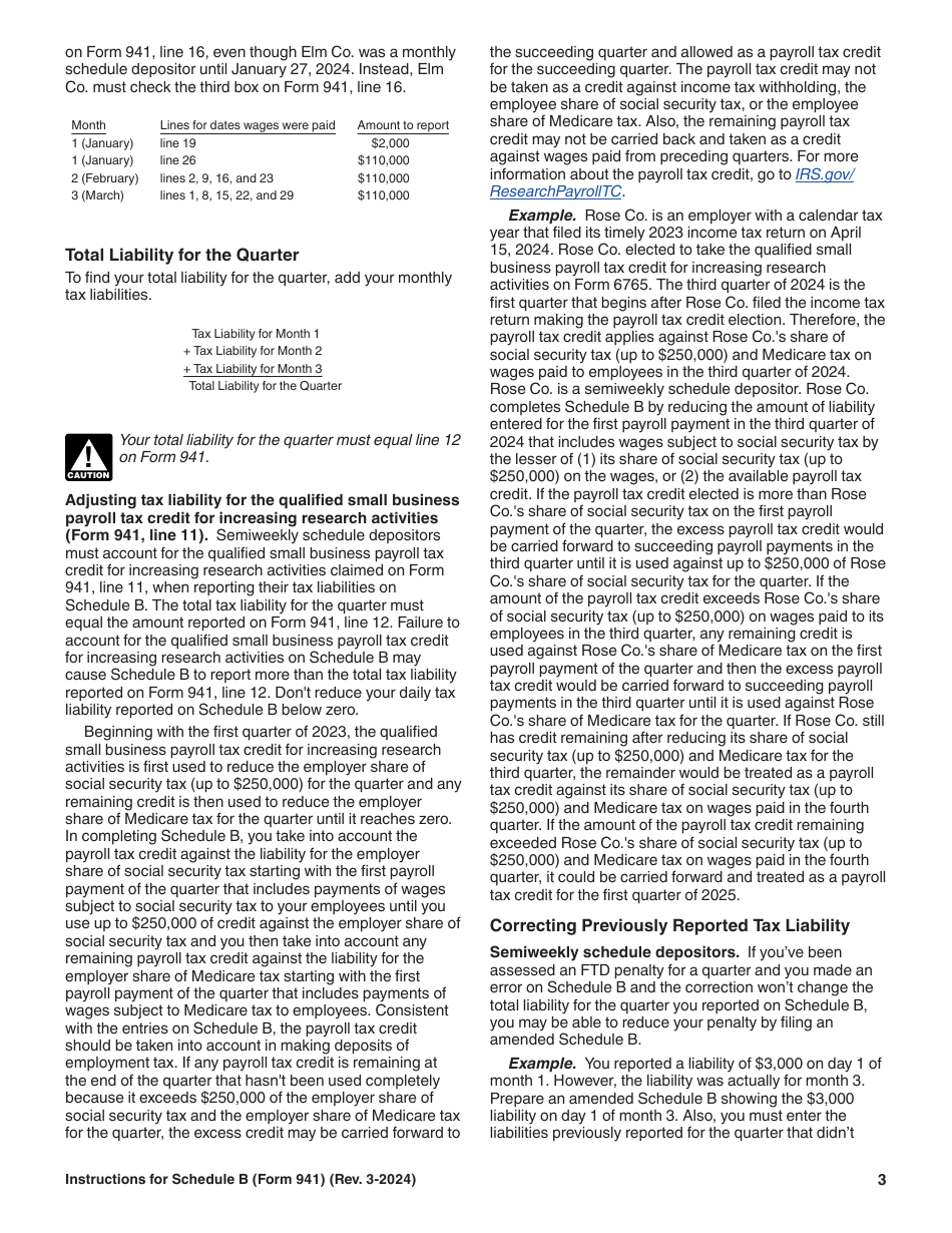 Instructions for IRS Form 941 Schedule B Report of Tax Liability for Semiweekly Schedule Depositors, Page 3