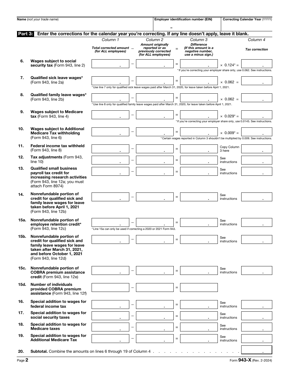 IRS Form 943-X Adjusted Employers Annual Federal Tax Return for Agricultural Employees or Claim for Refund, Page 2