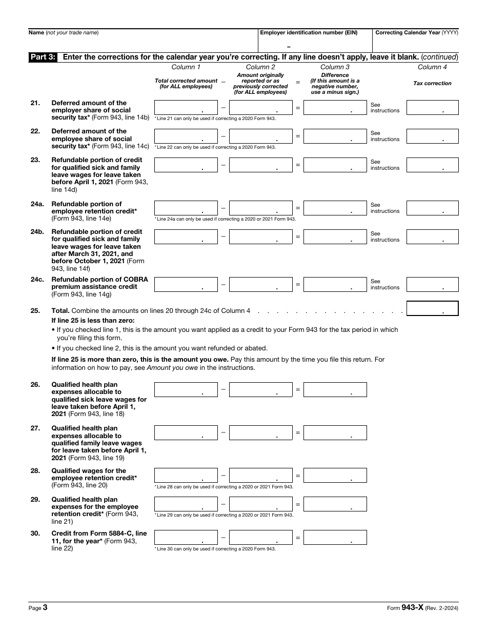 IRS Form 943-X Adjusted Employers Annual Federal Tax Return for Agricultural Employees or Claim for Refund, Page 3