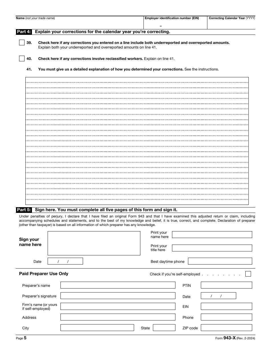 IRS Form 943-X Adjusted Employers Annual Federal Tax Return for Agricultural Employees or Claim for Refund, Page 5