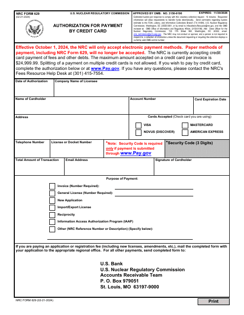 NRC Form 629 Authorization for Payment by Credit Card