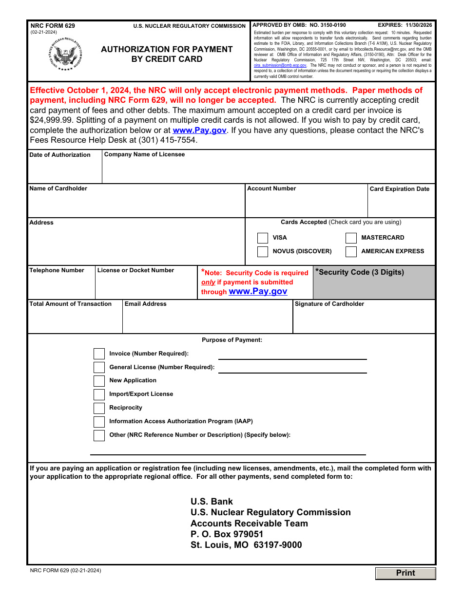 NRC Form 629 Download Fillable PDF or Fill Online Authorization for ...