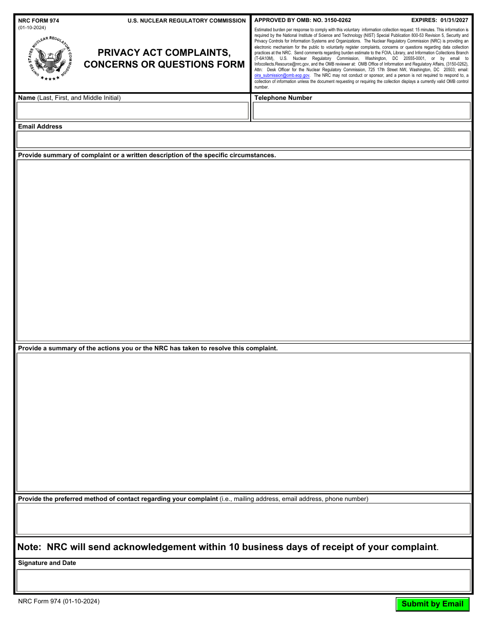 NRC Form 974 Privacy Act Complaints, Concerns or Questions Form, Page 1