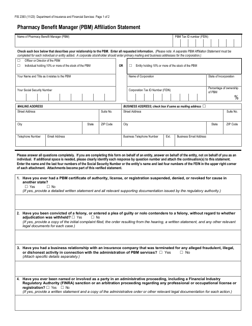 Form FIS2393 Pharmacy Benefit Manager (Pbm) Affiliation Statement - Michigan