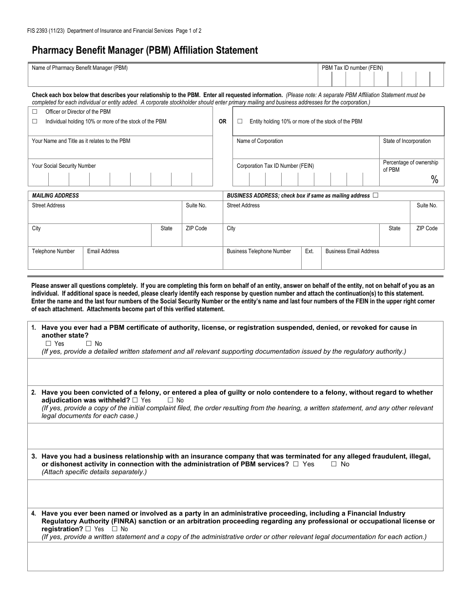 Form FIS2393 Pharmacy Benefit Manager (Pbm) Affiliation Statement - Michigan, Page 1