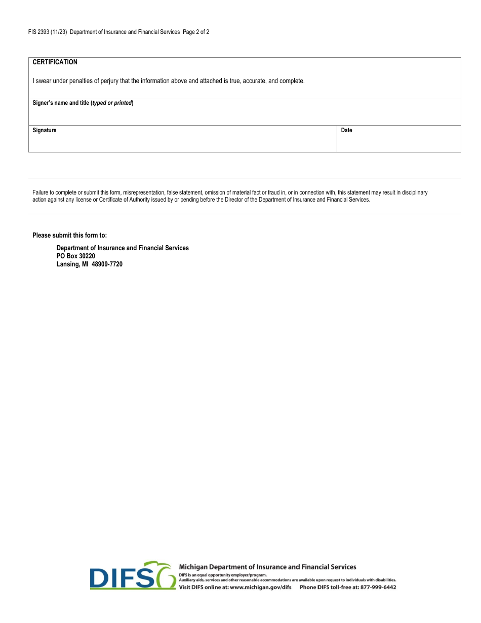 Form FIS2393 Pharmacy Benefit Manager (Pbm) Affiliation Statement - Michigan, Page 2