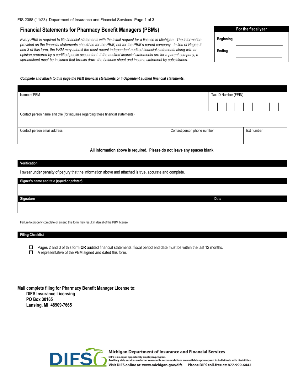 Form FIS2388 Financial Statements for Pharmacy Benefit Managers (Pbms) - Michigan, Page 1