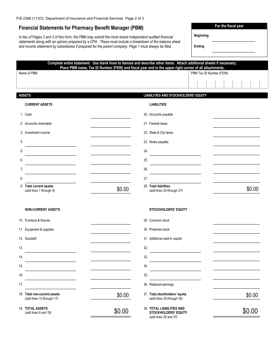 Form FIS2388 Financial Statements for Pharmacy Benefit Managers (Pbms) - Michigan, Page 2
