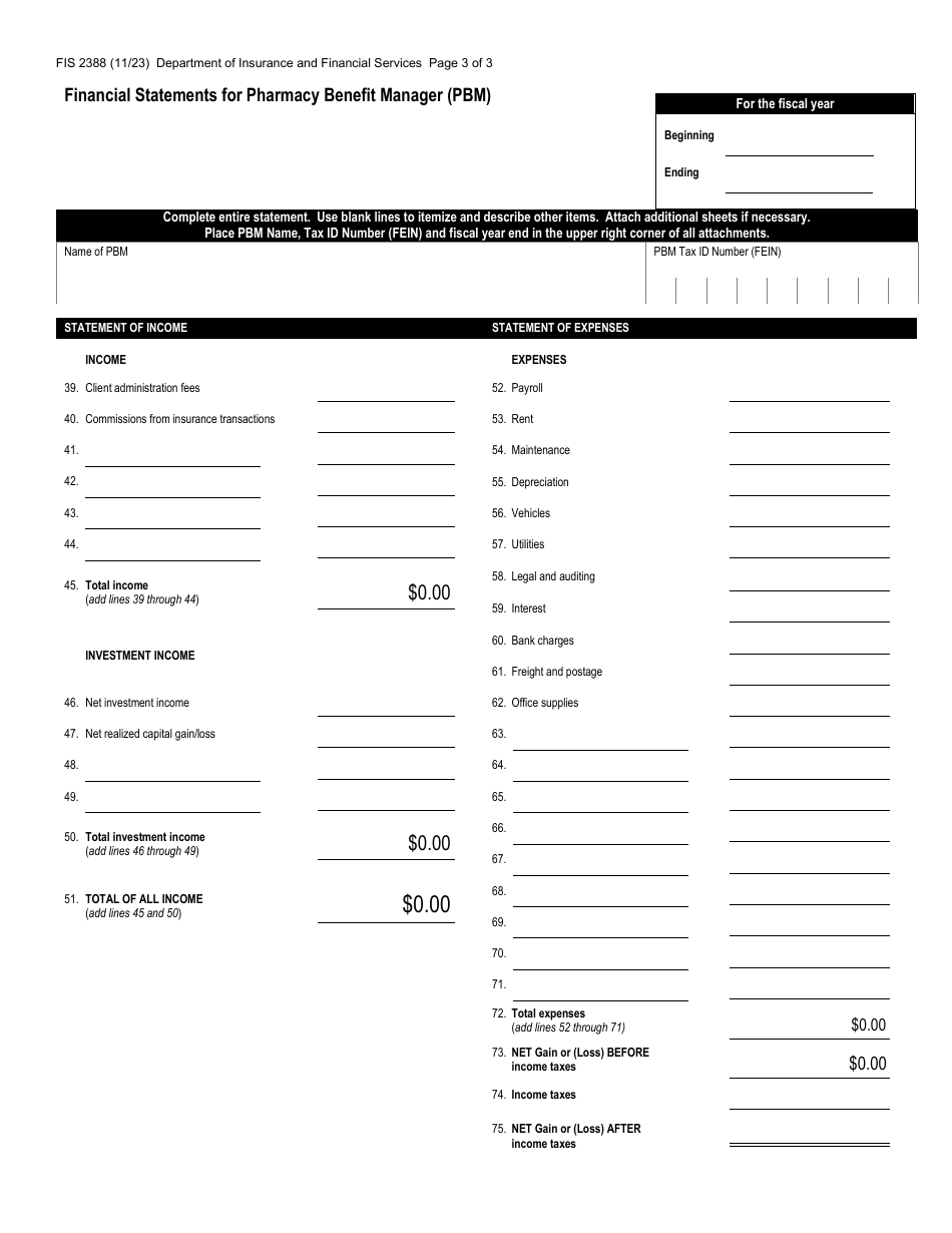 Form FIS2388 Financial Statements for Pharmacy Benefit Managers (Pbms) - Michigan, Page 3
