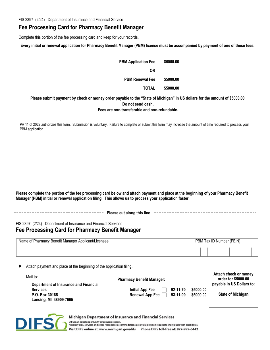 Form FIS2397 Fee Processing Card for Pharmacy Benefit Manager - Michigan, Page 1