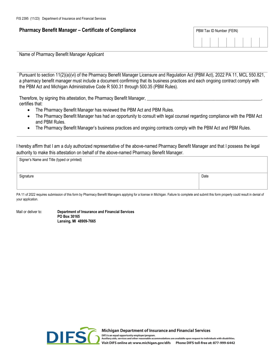 Form FIS2395 Pharmacy Benefit Manager - Certificate of Compliance - Michigan, Page 1
