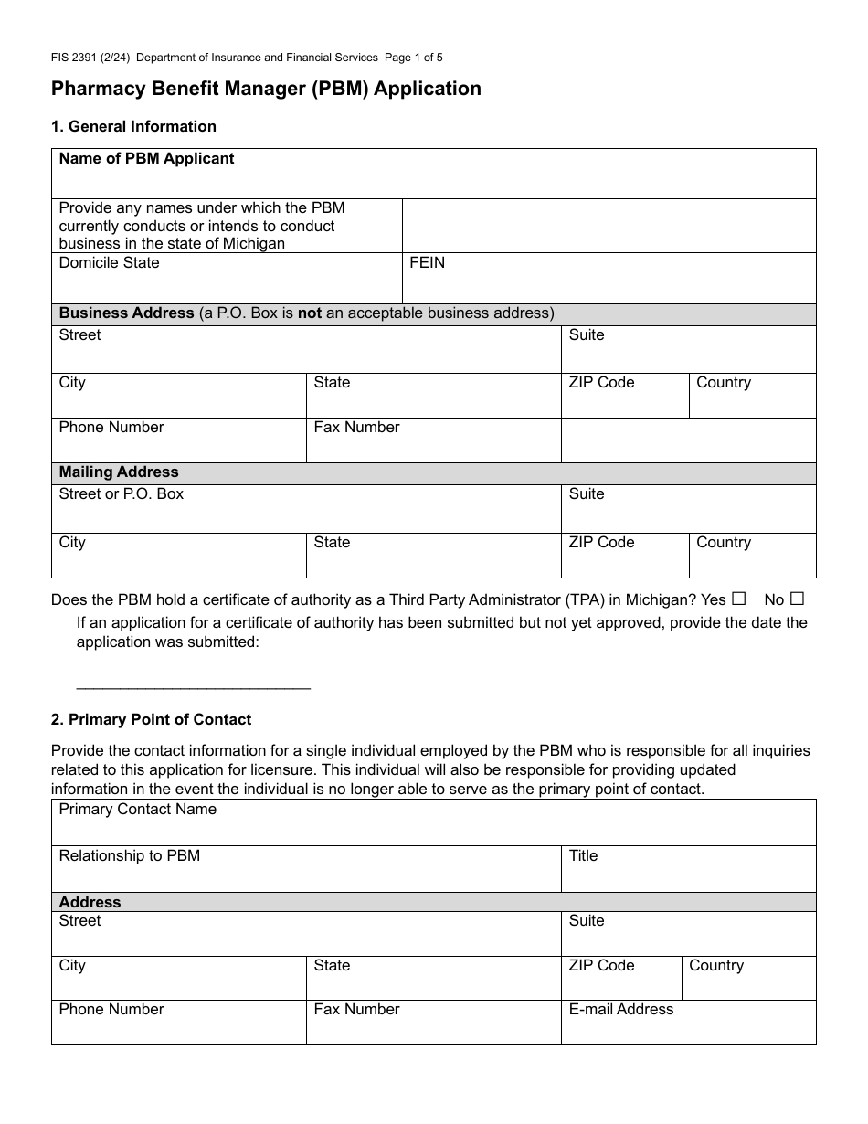 Form FIS2391 Pharmacy Benefit Manager (Pbm) Application - Michigan, Page 1