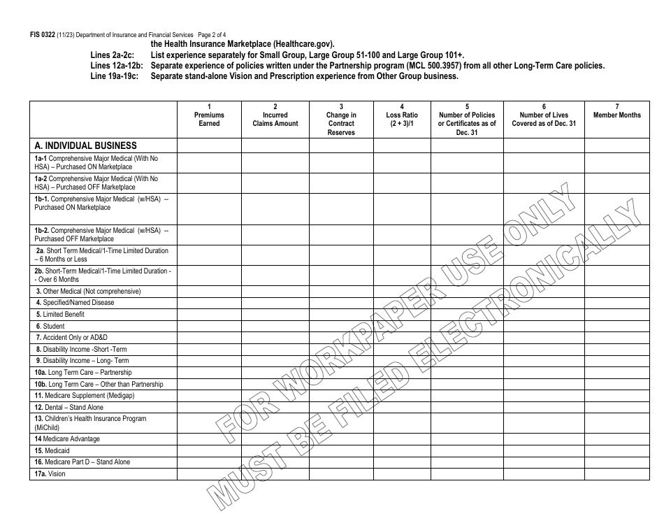 Form FIS0322 Michigan Health Insurance Enrollment, Premiums  Losses - Michigan, Page 2