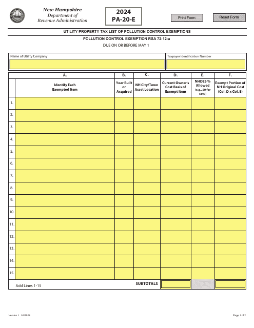 Form PA-20-E Utility Property Tax List of Pollution Control Exemptions - New Hampshire, 2024