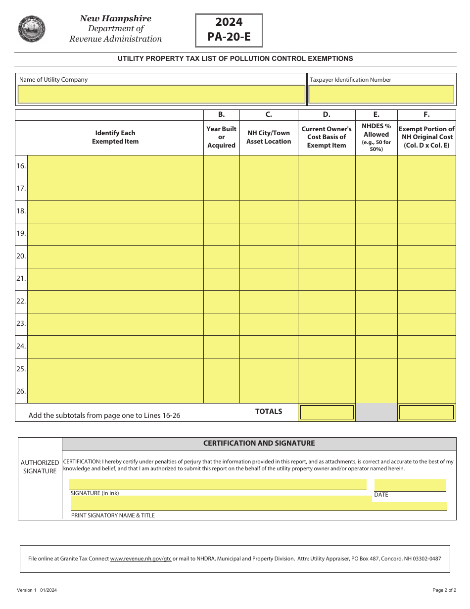Form PA-20-E Utility Property Tax List of Pollution Control Exemptions - New Hampshire, Page 2