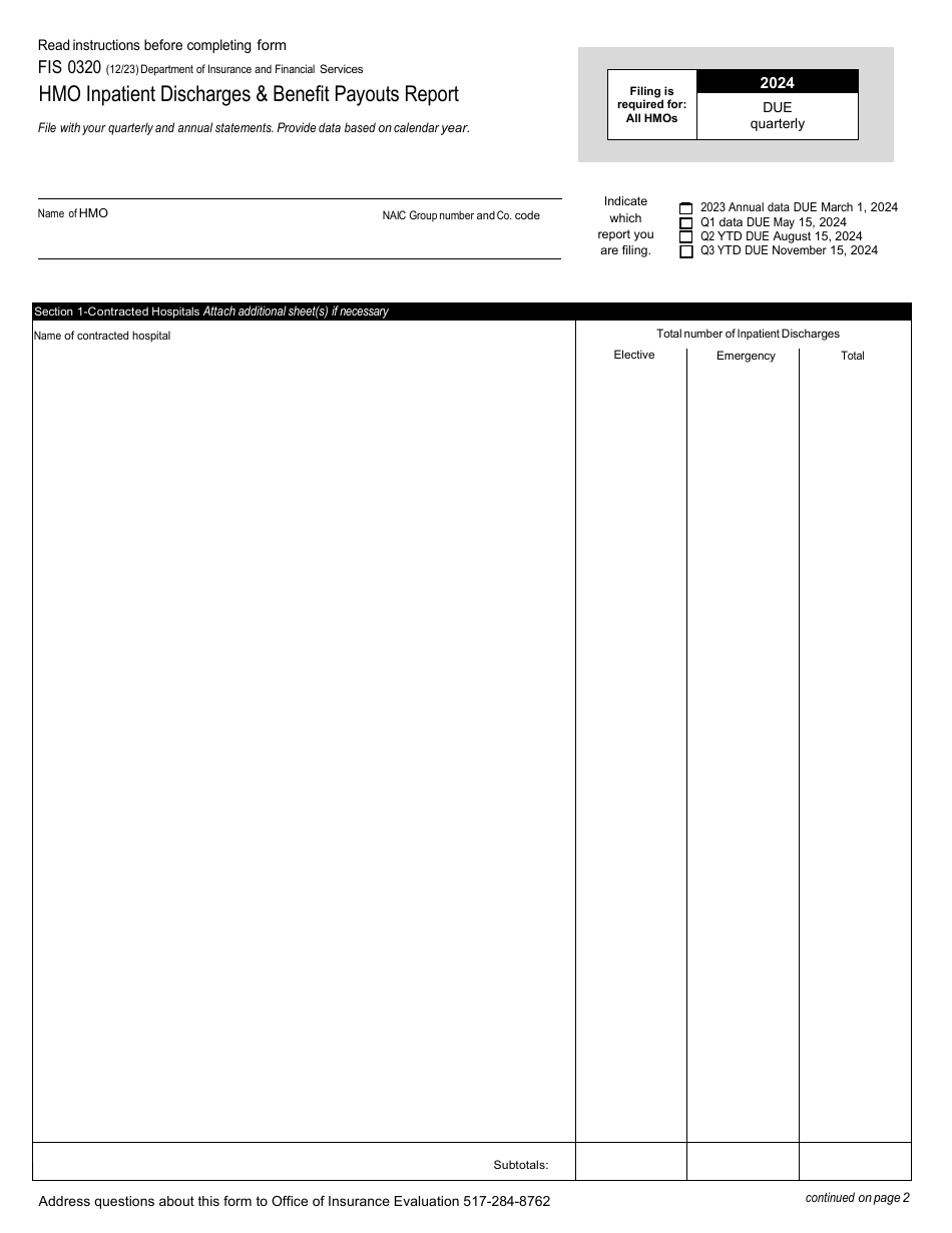 Form FIS0320 HMO Inpatient Discharges  Benefit Payouts Report - Michigan, Page 1