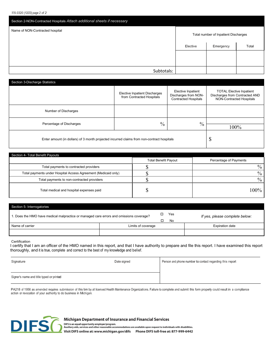 Form FIS0320 HMO Inpatient Discharges  Benefit Payouts Report - Michigan, Page 2