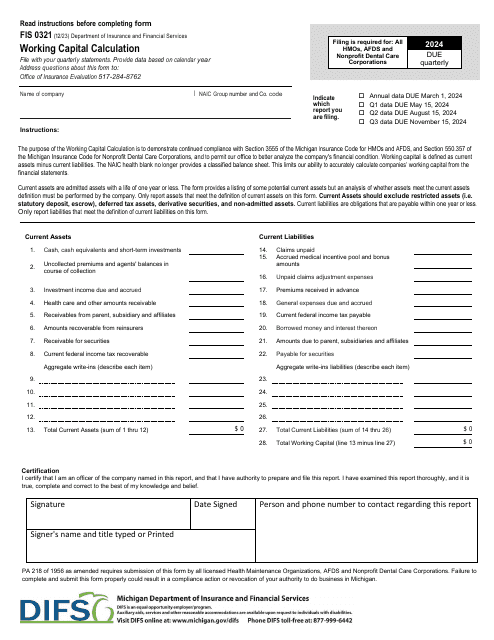 Form FIS0321 Working Capital Calculation - Michigan, 2024