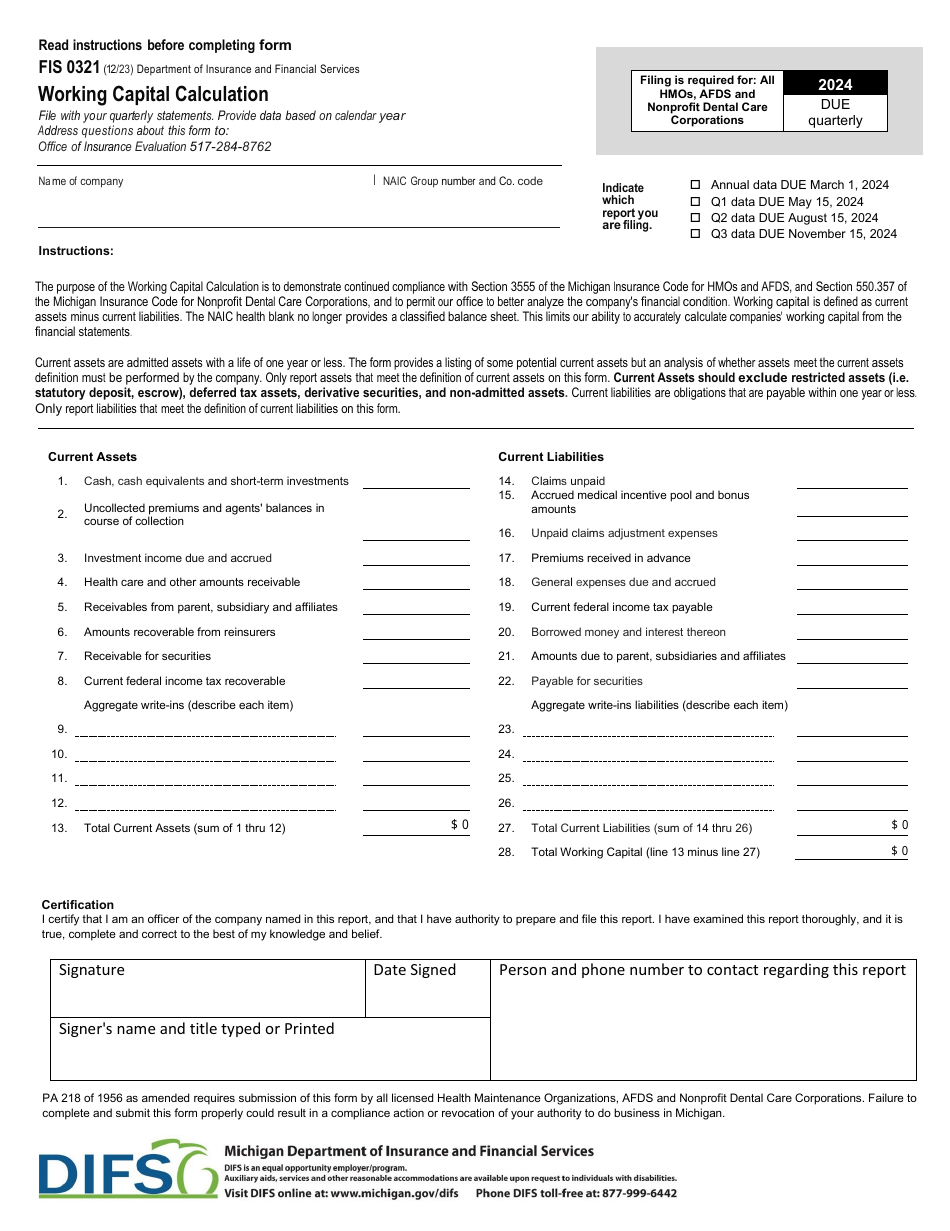 Form FIS0321 Working Capital Calculation - Michigan, Page 1
