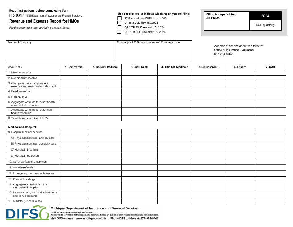 Form FIS0317 Revenue and Expense Report for Hmos - Michigan, Page 1