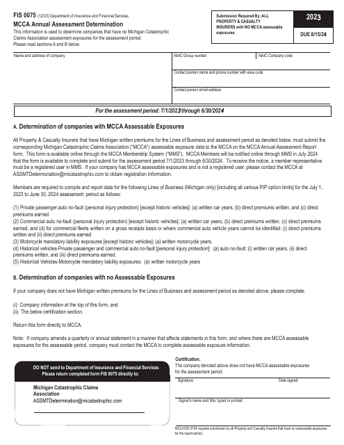 Form FIS0075 Mcca Annual Assessment Determination - Michigan, 2023