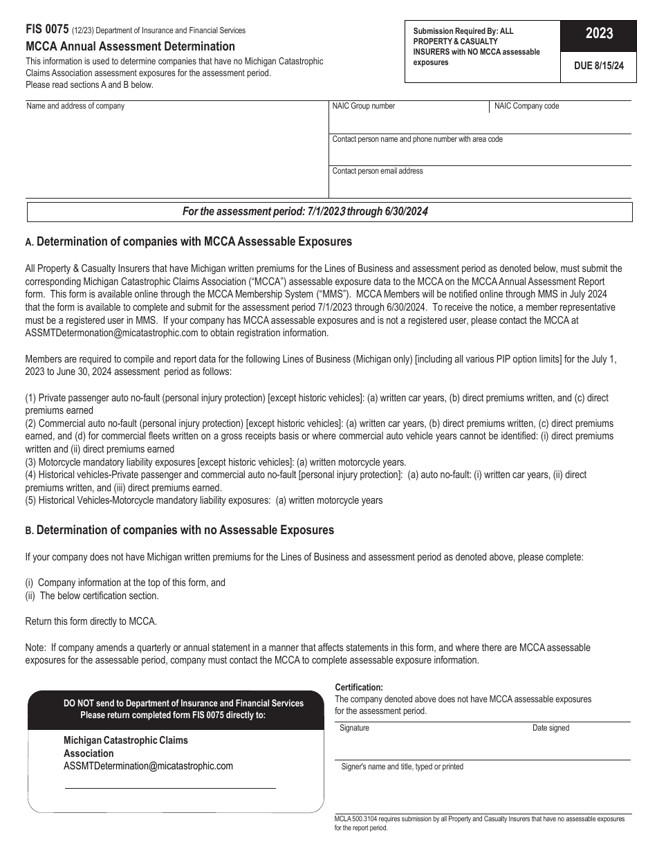 Form FIS0075 Mcca Annual Assessment Determination - Michigan, Page 1
