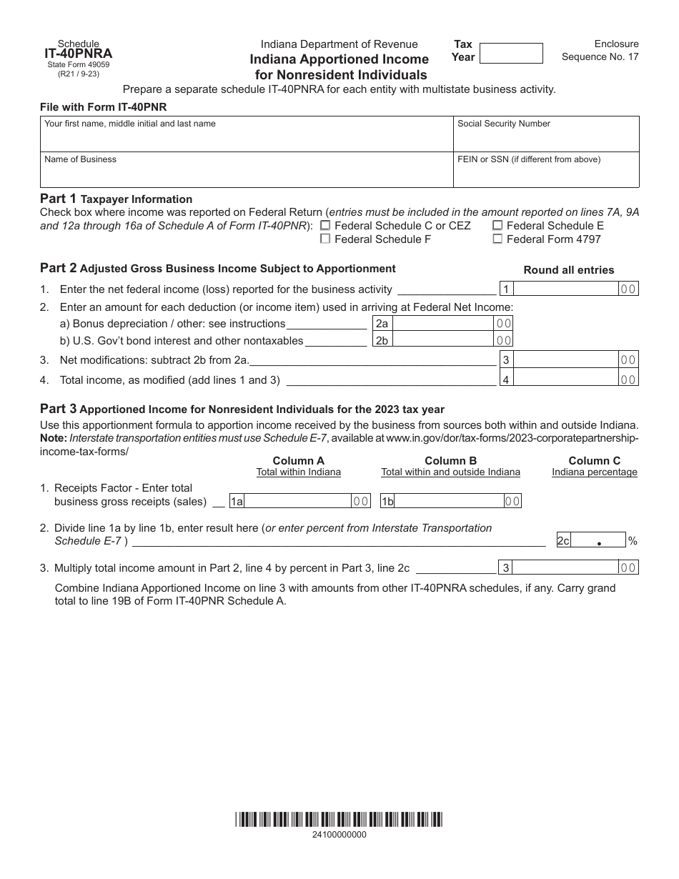 State Form 49059 Schedule IT-40PNRA Indiana Apportioned Income for Nonresident Individuals - Indiana, Page 1
