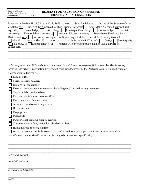 Form PERS-4 Request for Redaction of Personal Identifying Information - Alabama