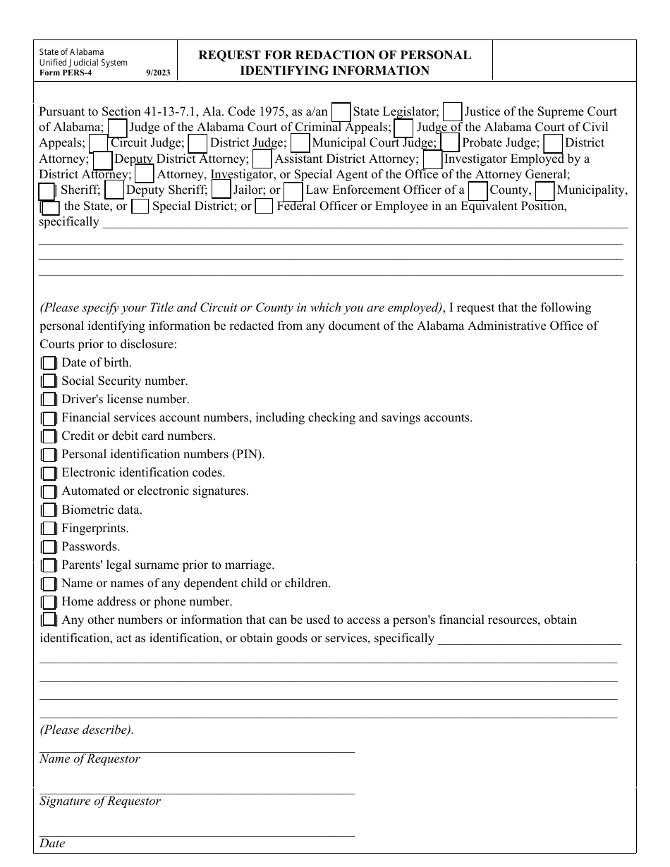 Form PERS-4 Request for Redaction of Personal Identifying Information - Alabama, Page 1