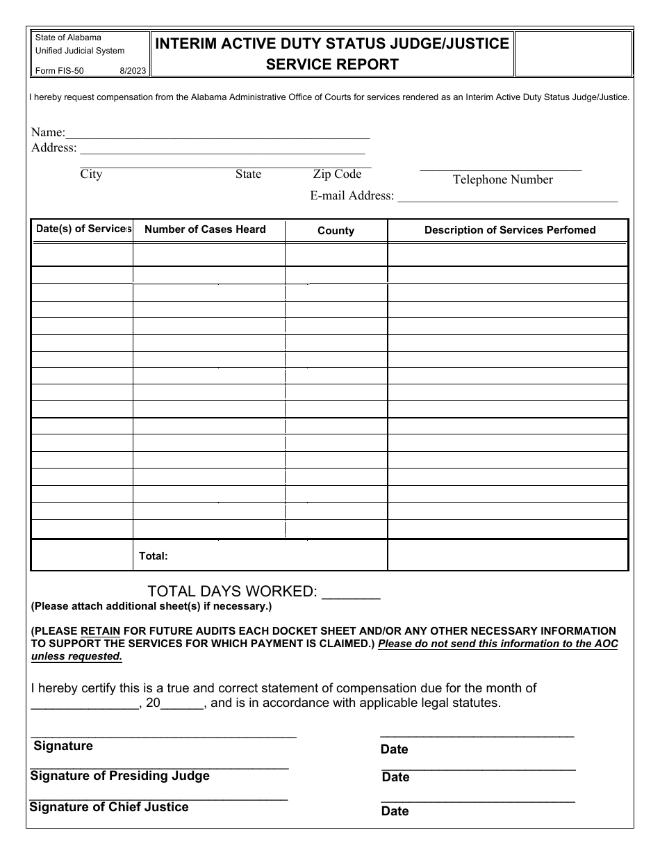 Form FIS-50 Interim Active Duty Status Judge / Justice Service Report - Alabama, Page 1