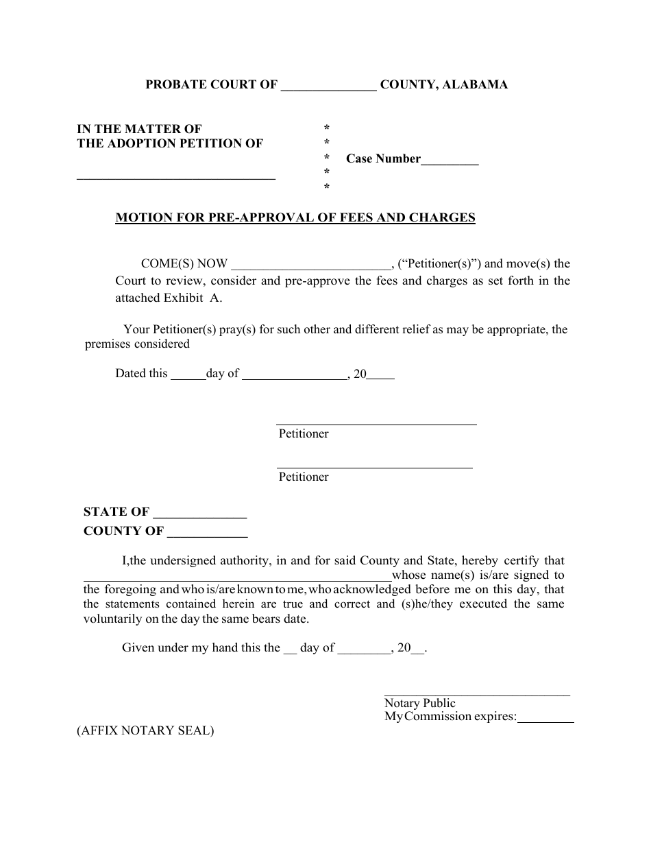 Alabama Motion for Pre-approval of Fees and Charges - Fill Out, Sign ...