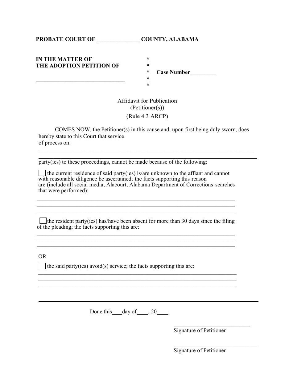 Alabama Affidavit for Publication (Petitioner(S)) - Fill Out, Sign ...