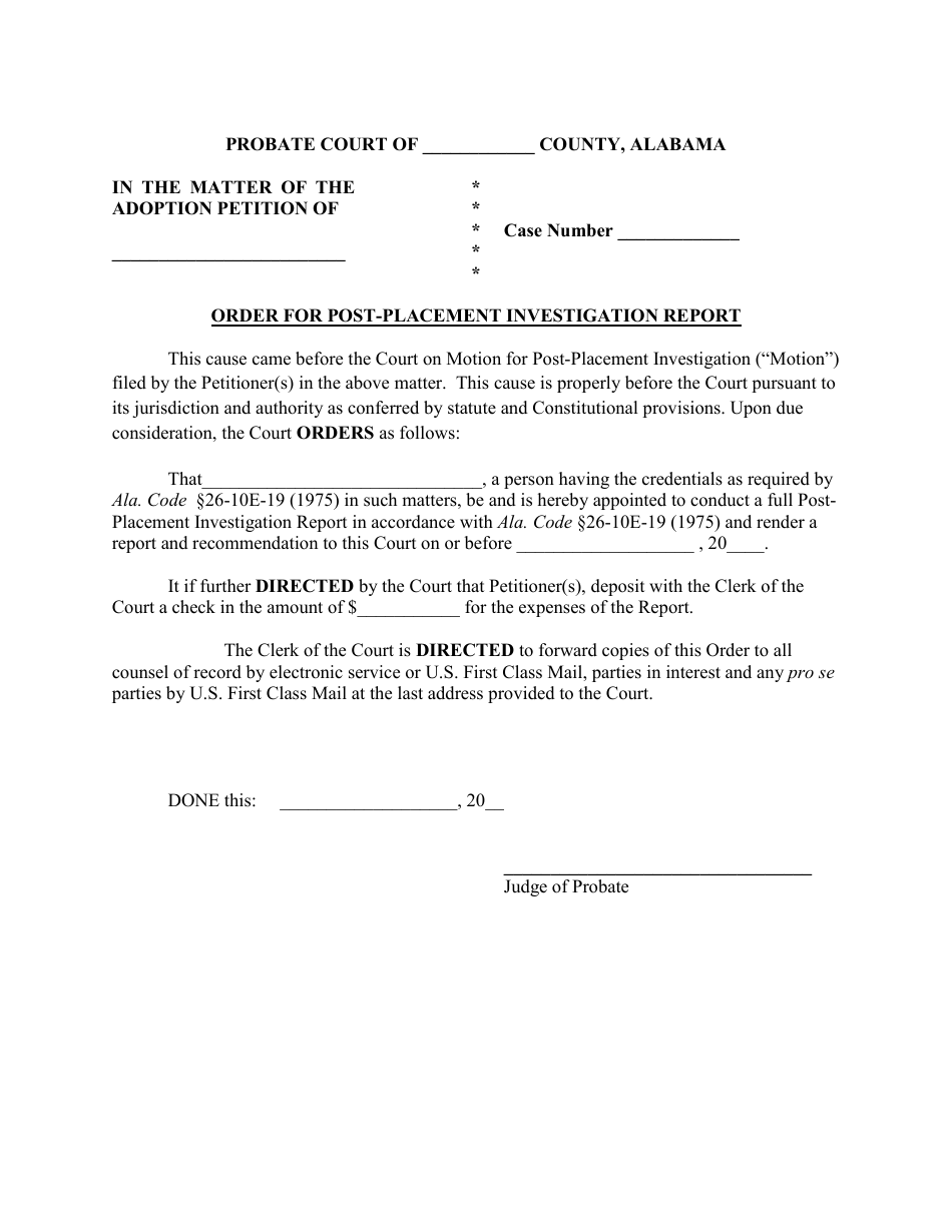 Order for Post-placement Investigation Report - Alabama, Page 1