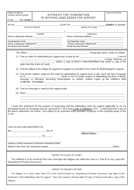 Form CS-44 Affidavit for Termination of Withholding Order for Support - Alabama