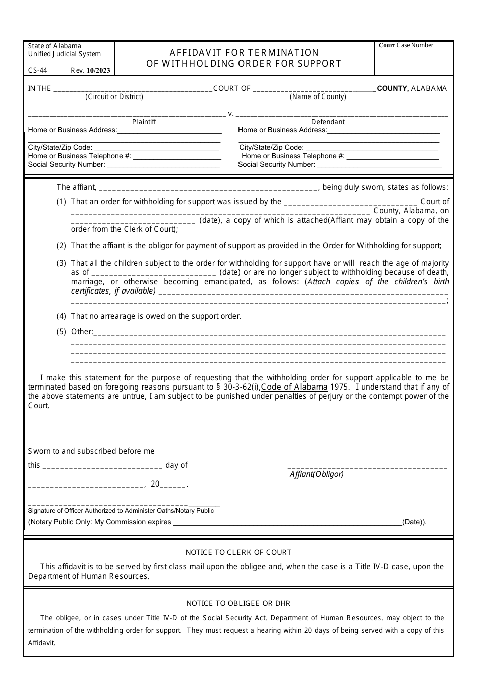 Form CS-44 Affidavit for Termination of Withholding Order for Support - Alabama, Page 1