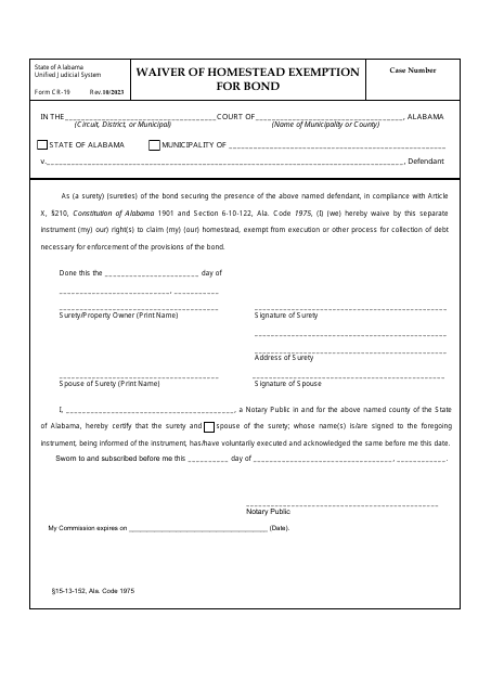 Form CR-19 Waiver of Homestead Exemption for Bond - Alabama