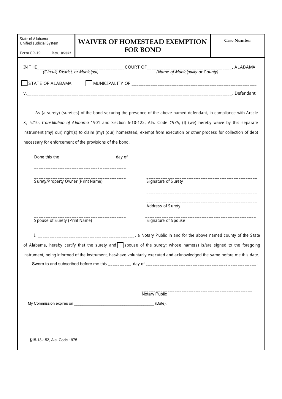 Form CR19 Download Fillable PDF or Fill Online Waiver of Homestead