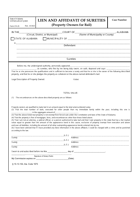Form CR-25 Lien and Affidavit of Sureties (Property Owners for Bail) - Alabama