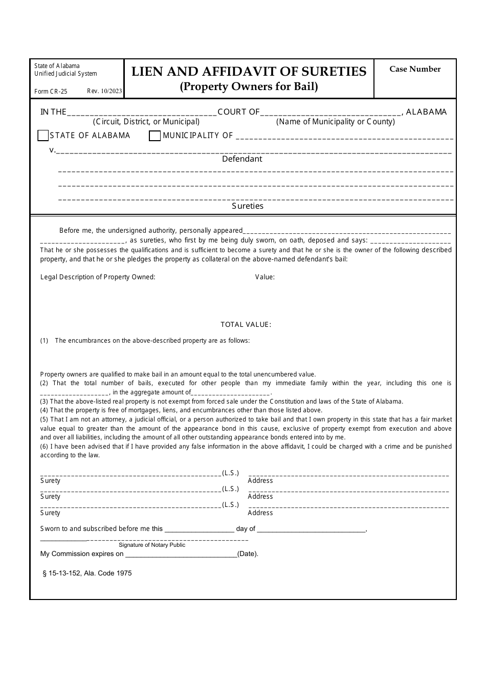 Form CR-25 Lien and Affidavit of Sureties (Property Owners for Bail) - Alabama, Page 1