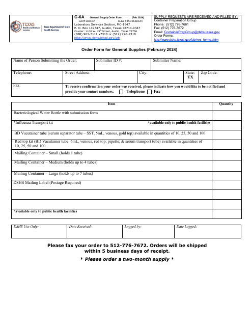 Form G-6A Order Form for General Supplies - Texas