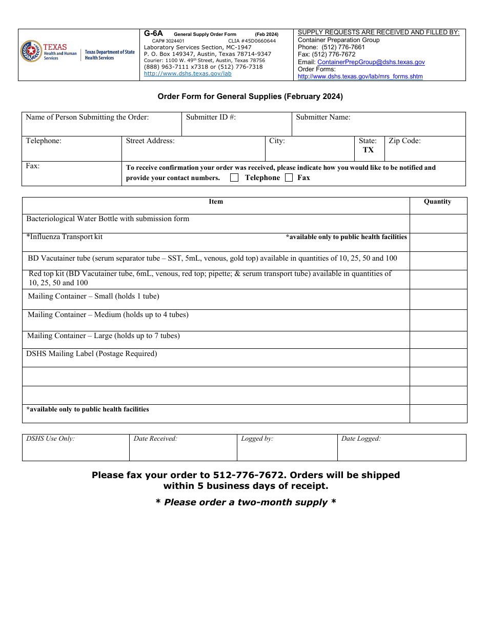 Form G-6A Order Form for General Supplies - Texas, Page 1