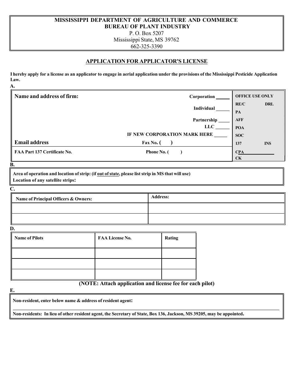 Application for Applicators License - Mississippi, Page 1